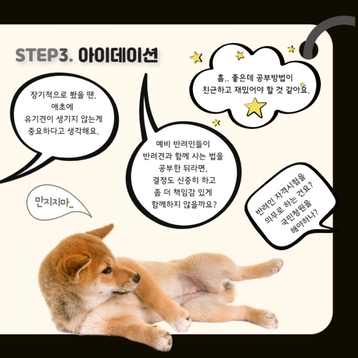 STEP3. 아이덴데이션 장기적으로 봤을 땐, 애초에 유기견이 생기지 않는게 중요하다고 생각해요, 예비 반려인들이 반려견과 함께 사는 법을 공부한 뒤라면, 결정도 신중히 하고 좀 더 책임감 있게 함께 하지 않을까요?, 흠... 좋은데 공부방법이 친근하고 재밌어야 할 것 같아요., 반려인 자격시험을 의무적으로 하는 건요? 국민청원을 해야하나?