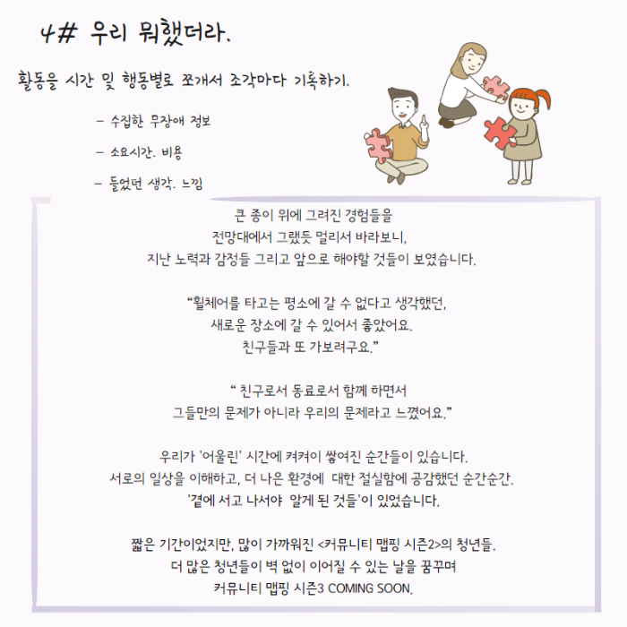4# 우리 뭐했더라. , 활동을 시간 및 행동별로 쪼개서 조각마다 기록하기.  - 수집한 무장애 정보  - 소요시간. 비용 - 들었던 생각, 느낌 ,  큰 종이 위에 그려진 경험들을 전망대에서 그랬듯 멀리서 바라보니, 지난 노력과 감정들 그리고 앞으로 해야할 것들이 보였습니다. " 휠체어를 타고는 평소에 갈 수 없다고 생각했던, 새로운 장소에 갈 수 있어서 좋았어요. 친구들과 또 가보려구요."  "친구로서 동료로서 함께 하면서 그들만의 문제가 아니라 우리의 문제라고 느꼈어요." 우리가 ' 어울린 ' 시간에 켜켜이 쌓여진 순간들이 있습니다. 서로의 일상을 이해하고, 더 나은 환경에 대한 절실함에 공감했던 순간순간. ' 곁에 서고 나서야 알게 된 것들' 이 있었습니다. 짧은 기간이었지만, 많이 가까워진 <커뮤니티 맵핑 시즌2> 의 청년들. 더 많은 청년들이 벽 없이 이어 질 수 있는 날을 꿈꾸며 커뮤니티 맵핑 시즌3 COMING SOON. ,