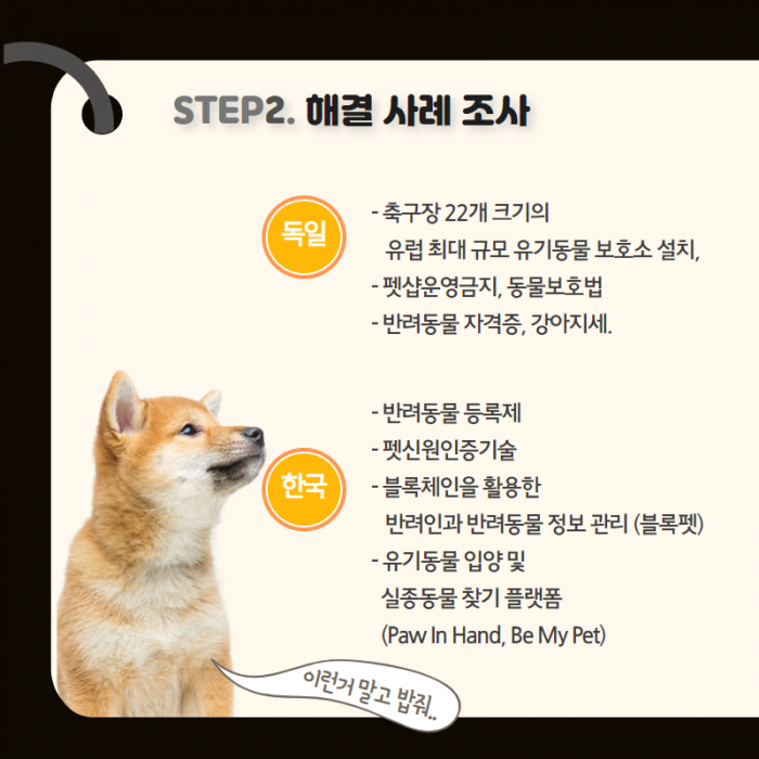 STEP2.  해결 사례 조사  독일 : 축구장 22개 크기의 유럽 최대 규모 유기동물 보호소 설치, 펫샵운영금지, 동물보호법, 반려동물 자격증, 강아지세 / 한국 : 반려동물등록제, 펫 신원인증기술, 블록체인을 활용한 반려인과 반려동물 정보 관리 (블록펫), 유기동물 입양 및 실종동물 찾기 플랫폼 (PAW IN HAND, BE MY PEY)
