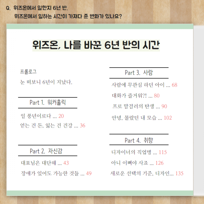 위즈온, 나를 바꾼 6년 반의 시간 , (프롤로그) 눈 떠보니 6년이 지났다. , Part 1. ( 워커홀릭) 일 풍년이로다 ... 20 얻는 건 돈, 잃는 건 건강 ... 36 , Part 2. (자신감) 대표님은 대단해 ... 43 장애가 있어도 가능한 것들 ... 49 , Part 3. (사람) 사람에 무관심 하던 아이 ... 68 대화가 즐거워?! ... 80 프로 말걸러의 탄생 ... 90 안녕, 몰랐던 내 모습 ... 102 , Part 4,  (취향) 디자이너의 직업병 ... 115 아니 이뻐야 사죠 ... 126 새로운 선택의 기준, 디자인 ... 135 , 