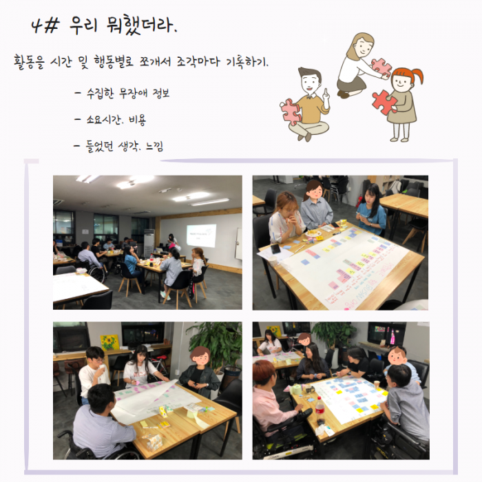 4# 우리 뭐했더라. , 활동을 시간 및 행동별로 쪼개서 조각마다 기록하기. ,  - 수집한 무장애 정보 , - 소요시간.비용  - 들었던 생각. 느낌 , 